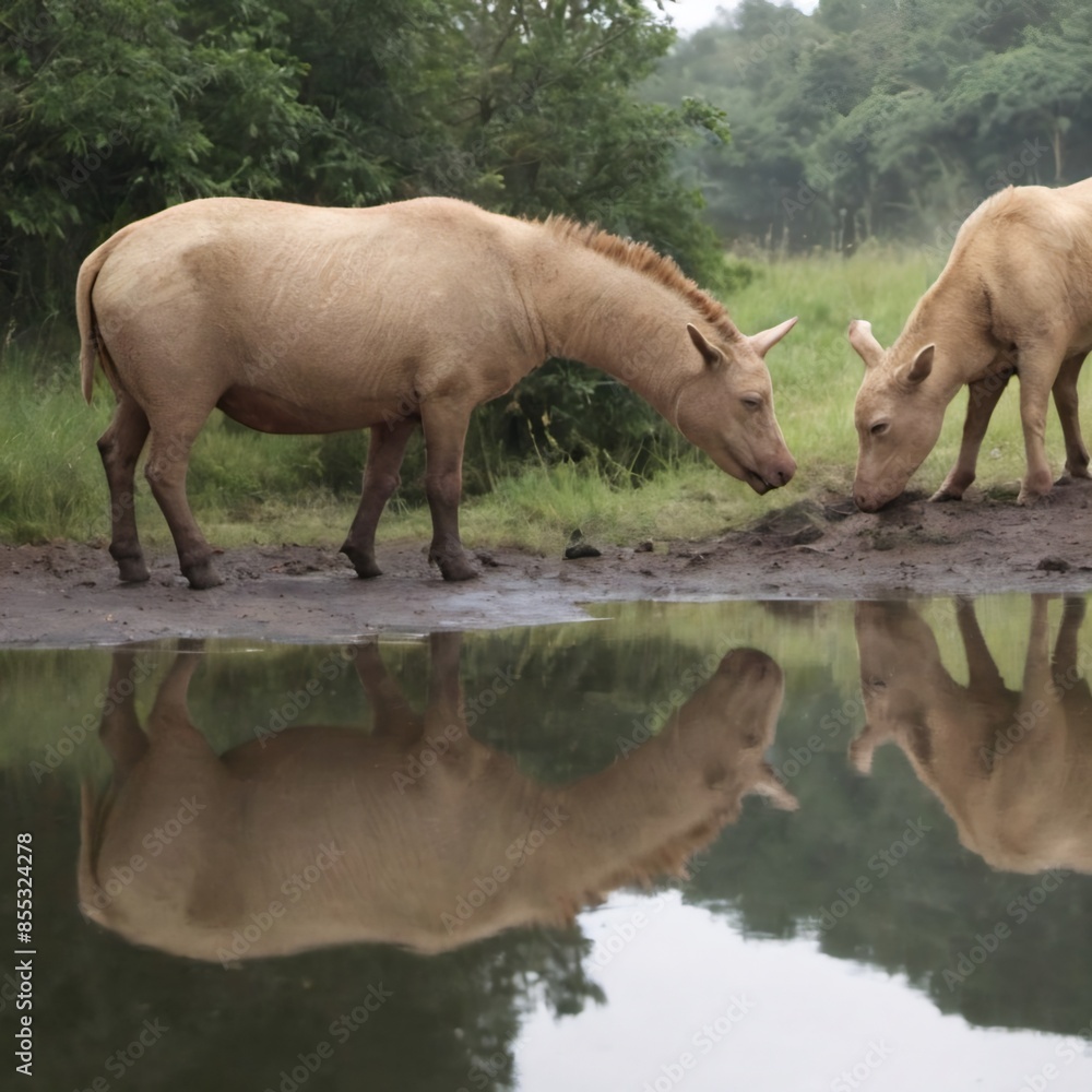 Fototapeta premium two large, pale-colored animals standing in a shallow body of water. The animals have distinctive features, including long necks, short horns, and a shaggy coat.
