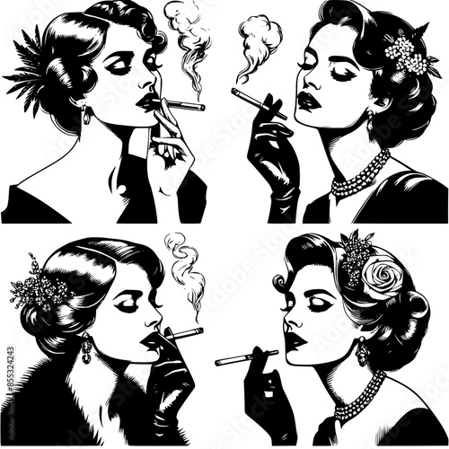 Set of four vector drawings, black and white of elegant retro woman smoking a cigarette