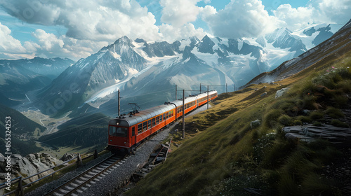 A red train is traveling down a mountain track