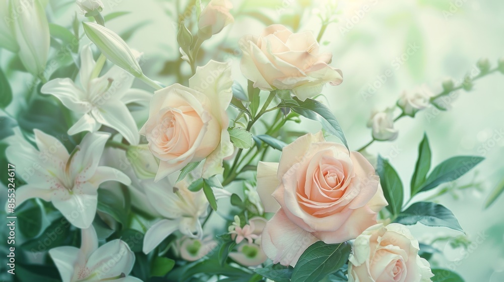 A close-up image of delicate pale pink roses and white lilies in a garden setting. The flowers are in soft focus with a dreamy, blurred background A close-up image of delicate pale pink roses and white lilies in a garden setting. The flowers are in soft focus with a dreamy, blurred background