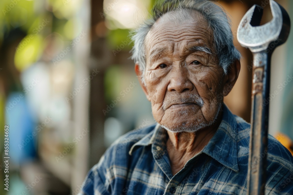 Senior mechanic holding wrench posing for portrait Senior mechanic holding wrench posing for portrait