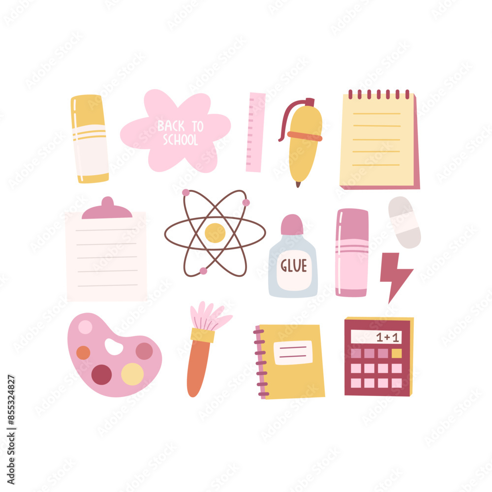 Back to school. Cartoon set for children with thematic elements, hand drawing lettering. Colorful vector illustration, flat style. design for cards, print, poster, cover Back to school. Cartoon set for children with thematic elements, hand drawing lettering. Colorful vector illustration, flat style. design for cards, print, poster, cover