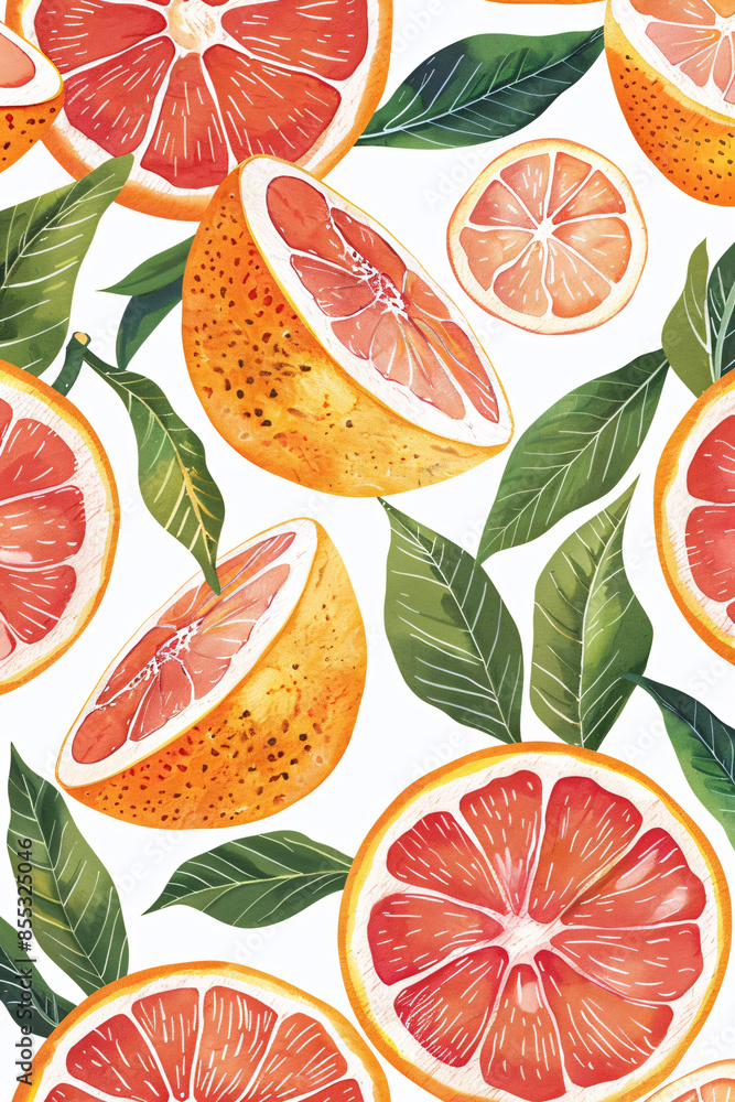 Half and whole grapefruit with green leaves in a seamless pattern on a white background