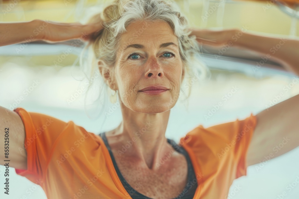 Obraz premium Confident senior woman tying her hair after exercising outdoors