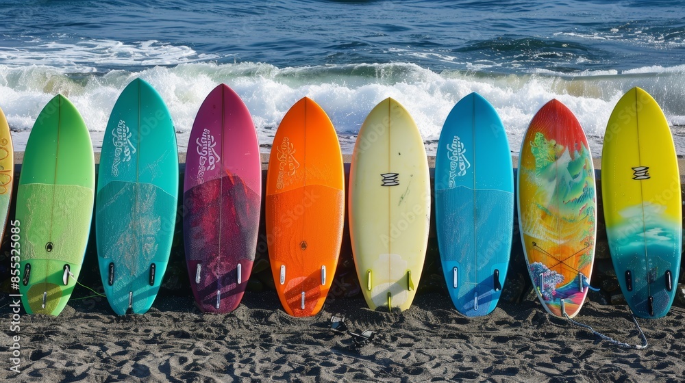 Colorful Surfboards Lined Up on Beach Against Ocean Waves - Surfing Gear Display for Summer Adventure Colorful Surfboards Lined Up on Beach Against Ocean Waves - Surfing Gear Display for Summer Adventure