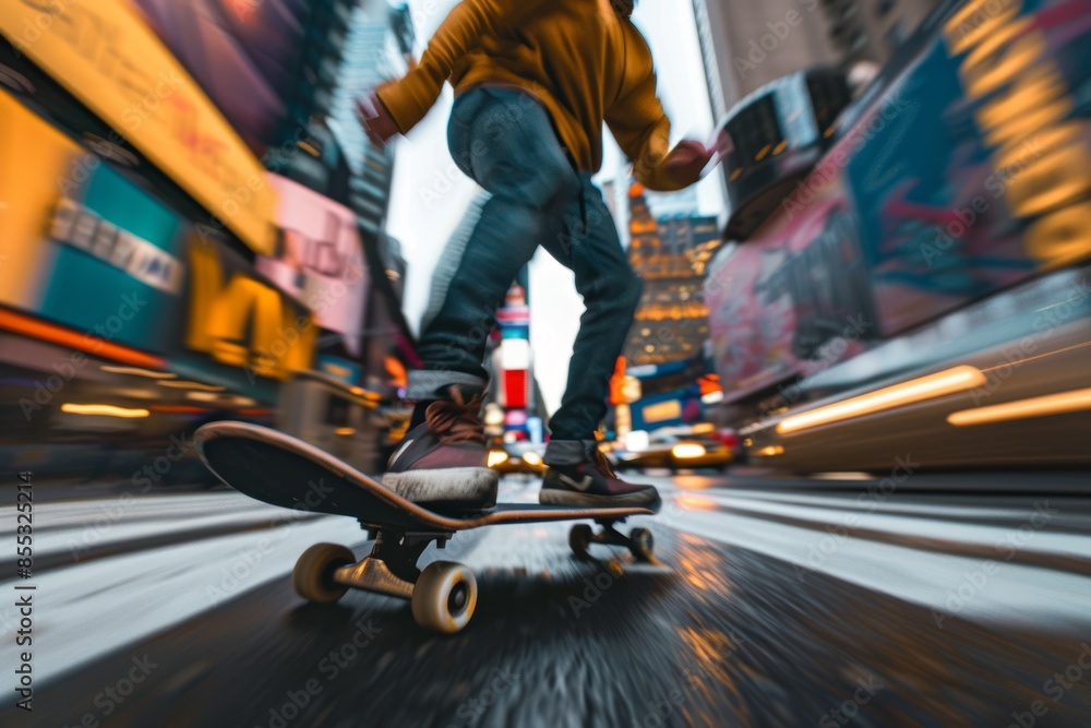 Dynamic Skateboarder in Urban Street with Vibrant City Lights - Perfect for Modern Youth Culture Designs Dynamic Skateboarder in Urban Street with Vibrant City Lights - Perfect for Modern Youth Culture Designs