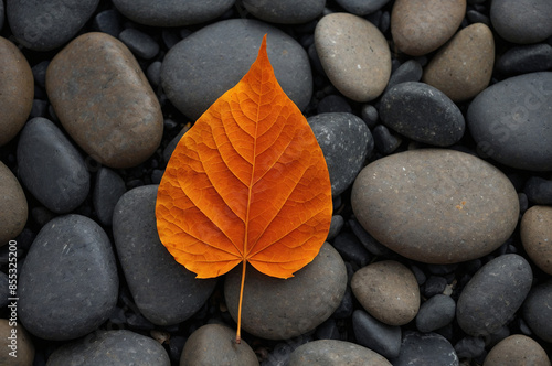 Oranges Herbstblatt detailiert auf grauen Steinen fotografiert photo