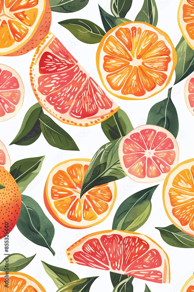 Various citrus slices and green leaves arranged in a seamless pattern on a white background Various citrus slices and green leaves arranged in a seamless pattern on a white background