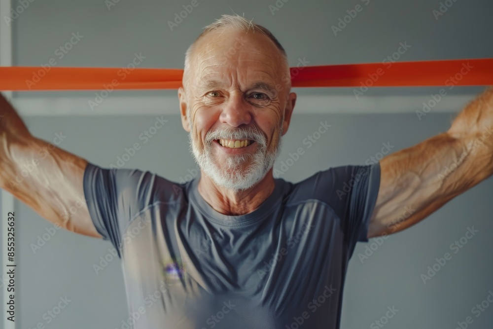 Senior man smiling while exercising with resistance band Senior man smiling while exercising with resistance band
