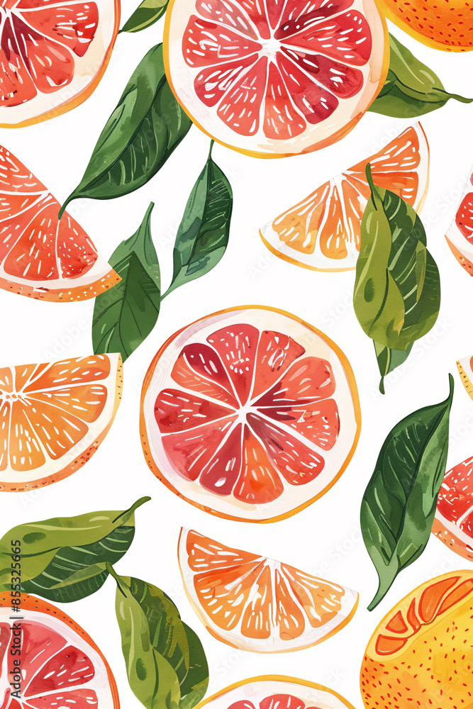 Bright and colorful citrus fruits with green leaves on a white background create a vibrant and fresh pattern Bright and colorful citrus fruits with green leaves on a white background create a vibrant and fresh pattern