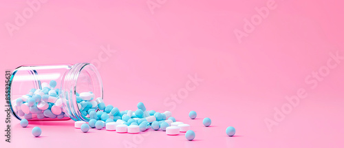 Assorted pills and capsules spilled from a glass jar onto a pink surface. Ideal for healthcare, pharmacy, or medication-themed promotions. Great for marketing materials or social media posts.