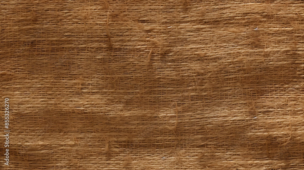Fototapeta premium The image is a close-up of a woven mat made of natural fibers. The mat has a rough texture and is a light brown color.