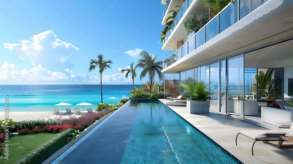 Fototapeta premium beach, sea, ocean, water, island, sky, tropical, travel, landscape, summer, nature, tree, palm, coast, view, sand, vacation, bay, resort, paradise, lagoon, blue, sun, seascape, trees, pool, hotel, swi