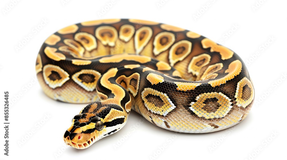 Fototapeta premium Butter Fire Ball Python A creamy Butter Fire Ball Python with bright patterns, posed on a plain white background for World Snake Day