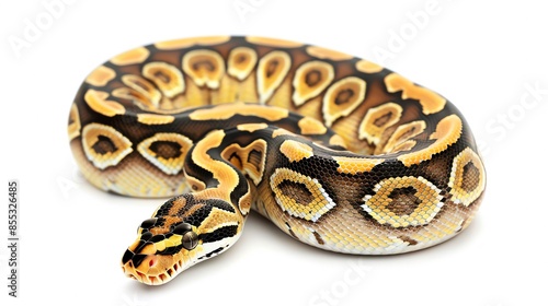 Butter Fire Ball Python A creamy Butter Fire Ball Python with bright patterns, posed on a plain white background for World Snake Day