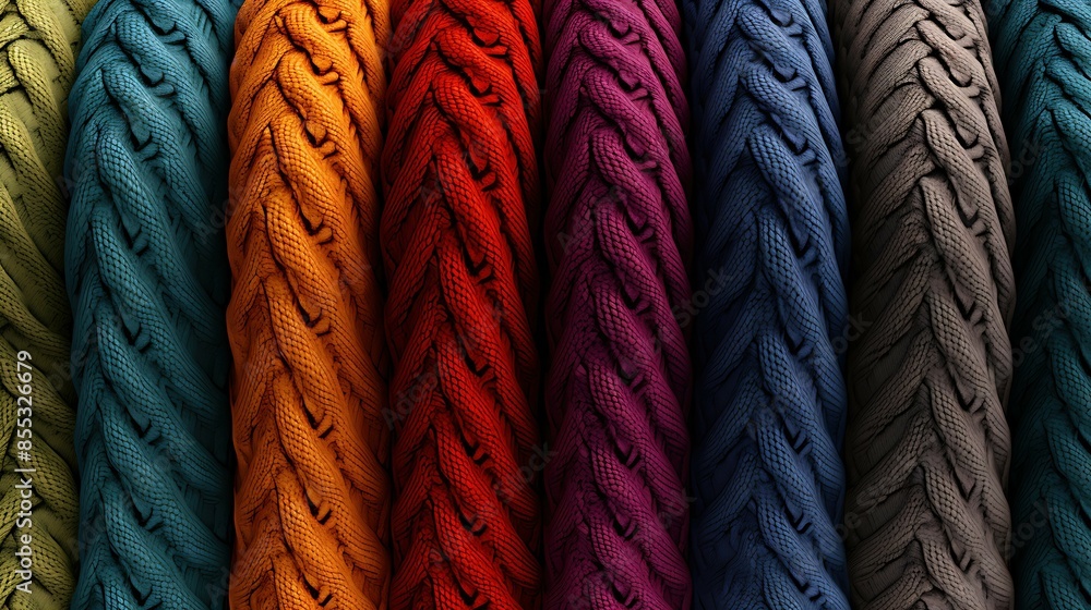 Obraz premium Colorful 3D rendering of a cable knit fabric. The image shows a variety of colors, including green, blue, orange, red, purple, and gray.