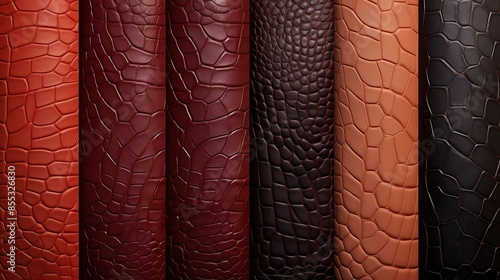 The image shows five different types of leather with different textures, all in warm colors. photo