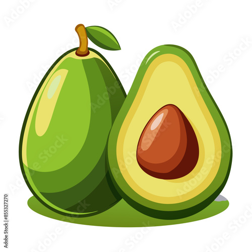Whole and halved avocados with green leaves, showcasing the creamy interior and large seed.