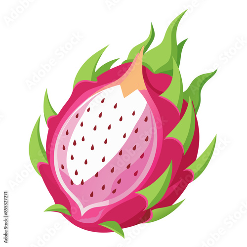 Fresh dragon fruit with vibrant pink skin and green scales, cut open to reveal the white flesh with black seeds.