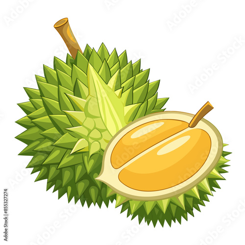 Whole and halved durians with green spikes, showcasing the creamy yellow flesh inside.