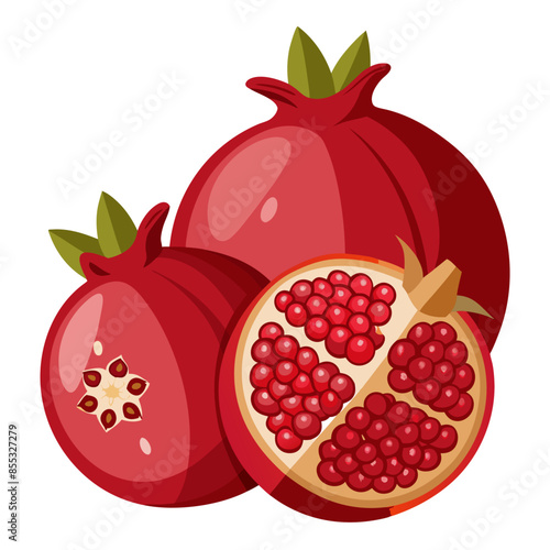 Whole and halved pomegranates with green leaves, revealing the vibrant red seeds inside.