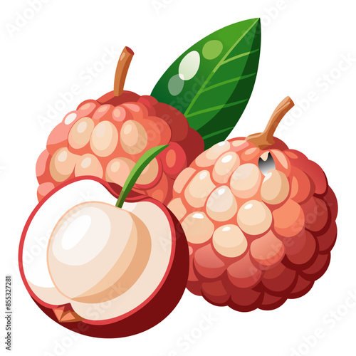 Fresh lychees with green leaves, some halved to reveal the white, juicy flesh inside.