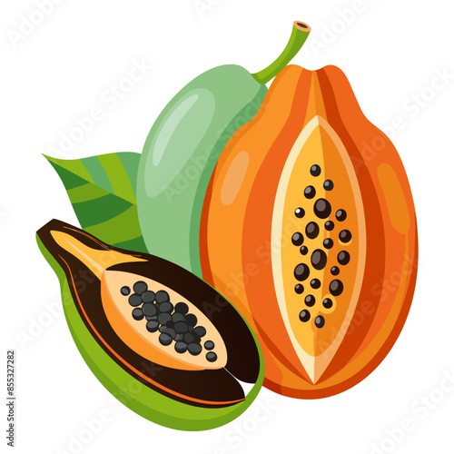  Whole and halved papayas with green leaves, showcasing the orange flesh and black seeds inside.