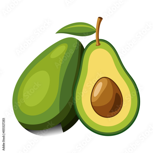 Whole and halved avocados with green leaves, showcasing the creamy interior and large seed.