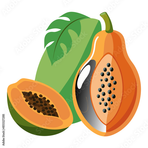 Fresh papaya with green leaves, whole and halved, displaying orange flesh and black seeds.