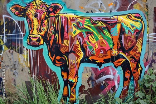 Wallpaper Mural Colorful Graffiti Cow Art with Bold Lines and Vibrant Urban Style for Street Art Enthusiasts Torontodigital.ca