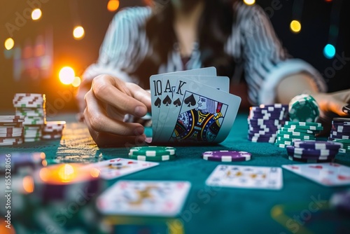 Woman holding a winning hand in a poker game. The scene is set in a lively casino. Perfect for illustrating success and excitement in gambling. Generative AI