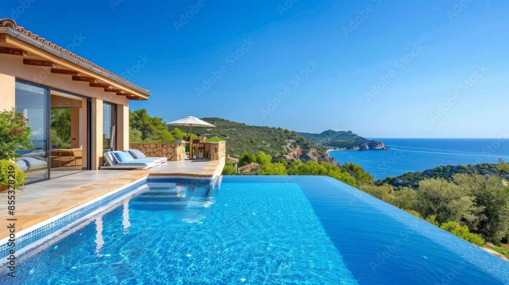 Fototapeta premium High-End Coastal Villa with Private Infinity Pool Overlooking Stunning Ocean View