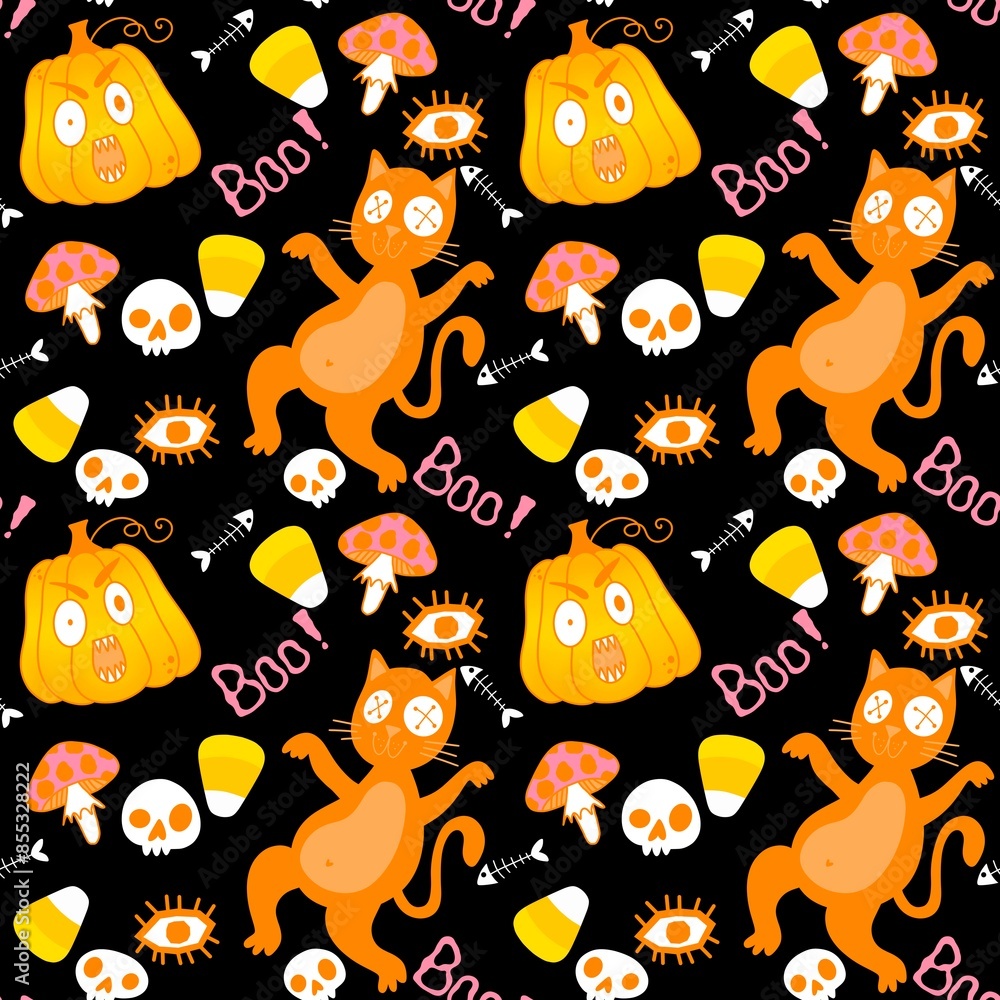 Halloween animals seamless cats and pumpkins pattern for wrapping paper Halloween animals seamless cats and pumpkins pattern for wrapping paper