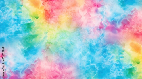 A vibrant and colorful tie-dye pattern in shades of pink, blue, green, and yellow.