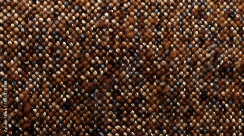 Retro tweed fabric texture. Herringbone brown, gray and blue flecked tweed fabric. Close-up of a brown tweed fabric with a herringbone pattern.