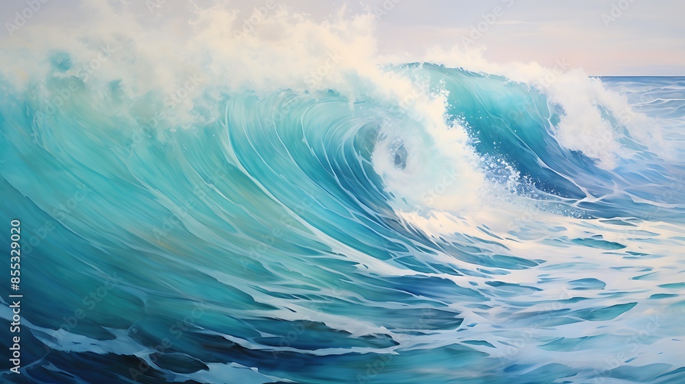 A beautiful painting of a wave crashing on the shore. The wave is a deep blue color, and the shore is a light tan color. A beautiful painting of a wave crashing on the shore. The wave is a deep blue color, and the shore is a light tan color.