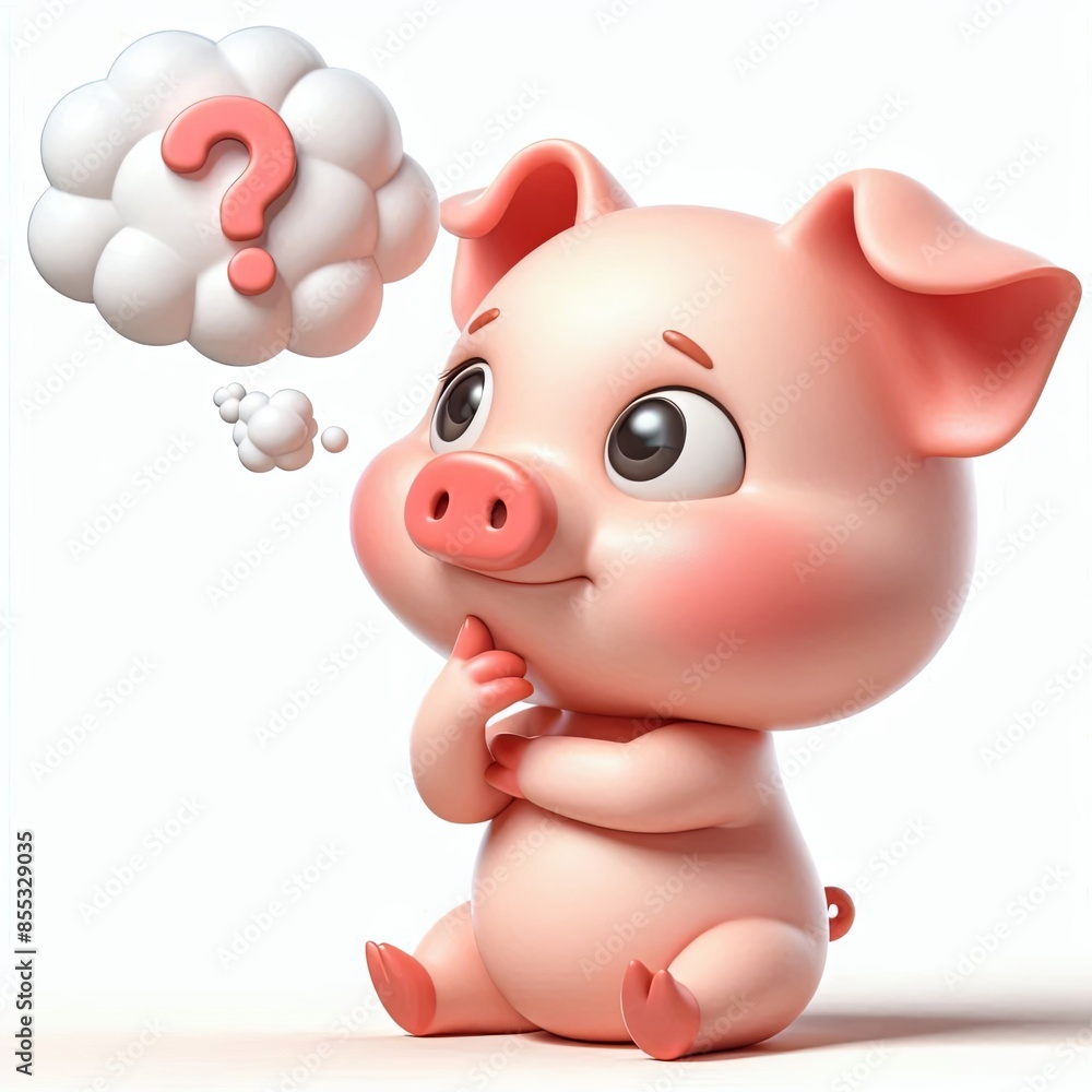 Naklejka premium cute pig thinking cartoon 3d Generative AI