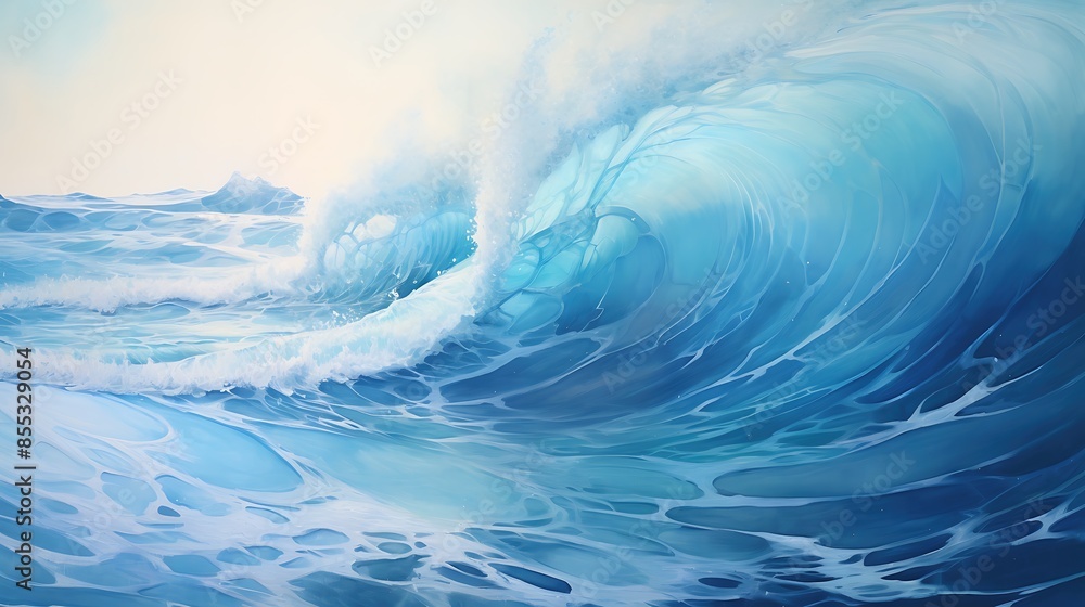 A digital painting of a large wave crashing on the shore. The wave is blue and white and the water is very detailed. A digital painting of a large wave crashing on the shore. The wave is blue and white and the water is very detailed.