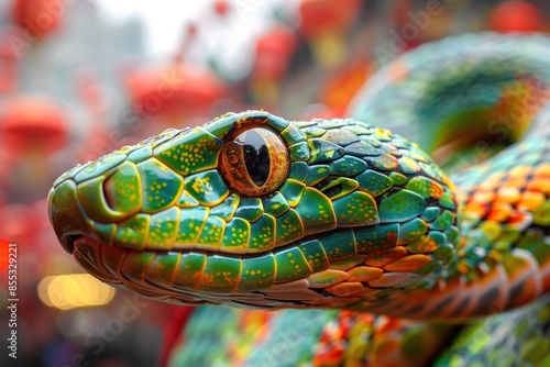 An image of a green tree snake symbol of the New Year 2025 according to the Chinese horoscope against the background of festive red lanterns suitable for a cover, postcard photo