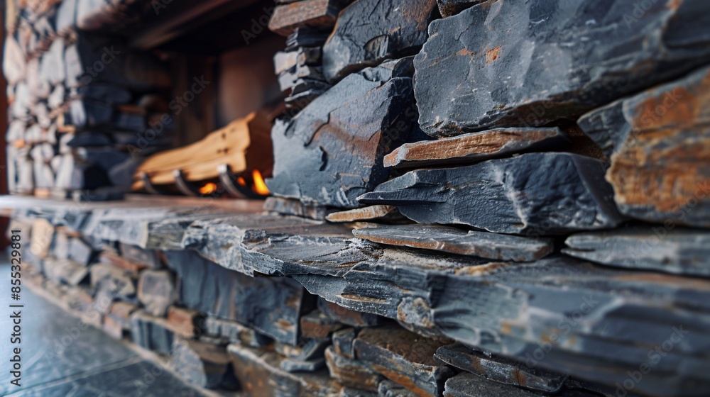 A detailed shot of a rustic fireplace made from stacked slate rocks, with visible natural variations and cracks A detailed shot of a rustic fireplace made from stacked slate rocks, with visible natural variations and cracks