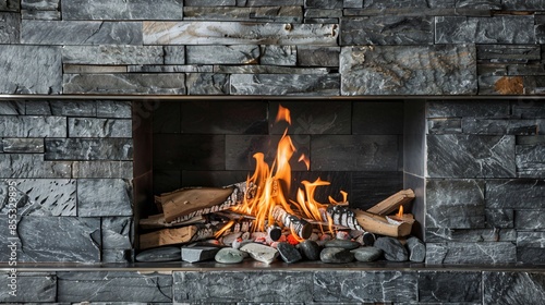 A detailed shot of a rustic fireplace made from stacked slate rocks, with visible natural variations and cracks photo