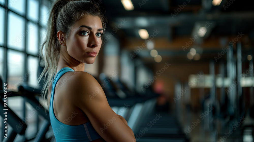 Fit woman in gym with treadmills in background Fit woman in gym with treadmills in background