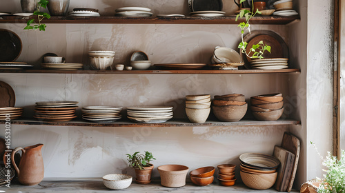 A shelf full of plates and bowls, some of which are white