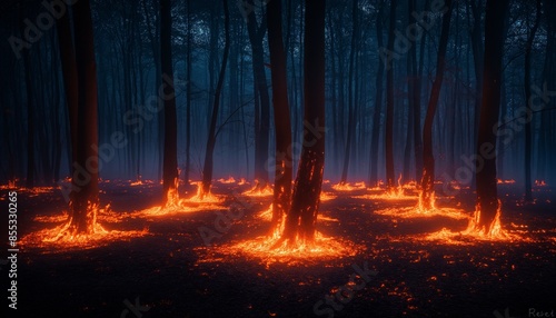 A serene yet surreal depiction of trees as if their bases are alight with glowing lava in a darkened forest