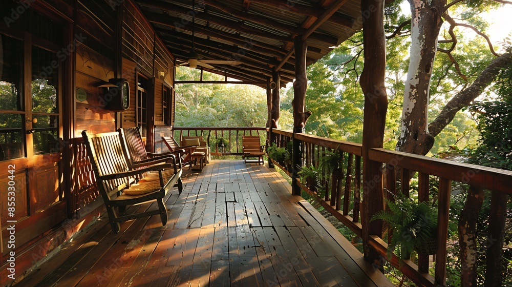 A rustic porch with wooden floorboards and railings, the grain of the wood adding character to the outdoor setting A rustic porch with wooden floorboards and railings, the grain of the wood adding character to the outdoor setting