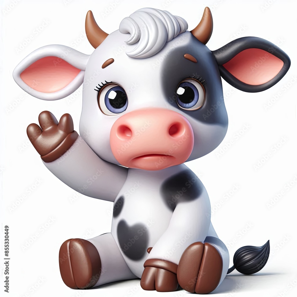 Fototapeta premium cute cow sitting and waving hand cartoon 3d Generative aI