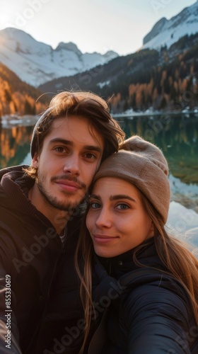 A young couple takes a selfie against a scenic backdrop of mountains and a lake.