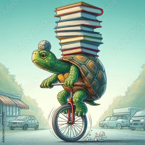 A turtle riding a unicycle, balancing a stack of books on its head, with a determined yet wobbly expression