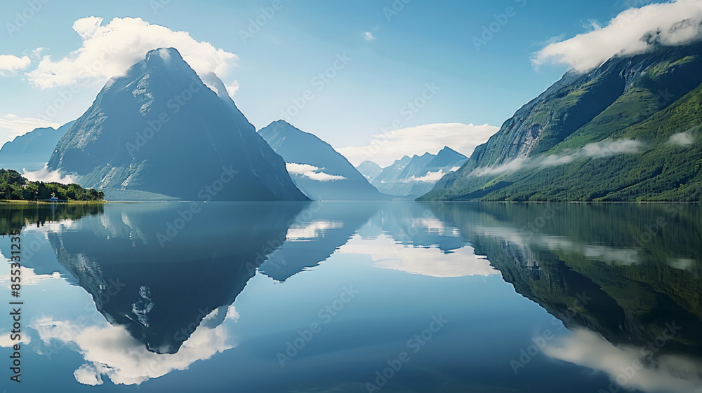 Majestic mountain peak reflects in tranquil blue water, AI Generative Majestic mountain peak reflects in tranquil blue water, AI Generative