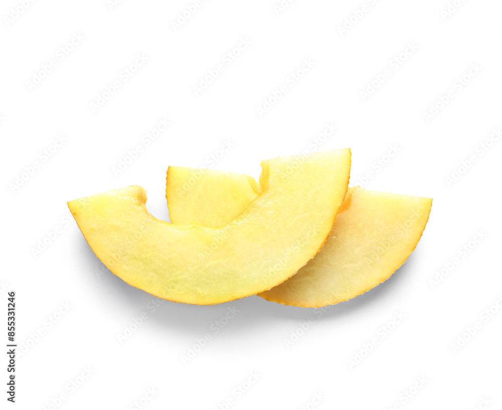 Pieces of sweet melon on white background